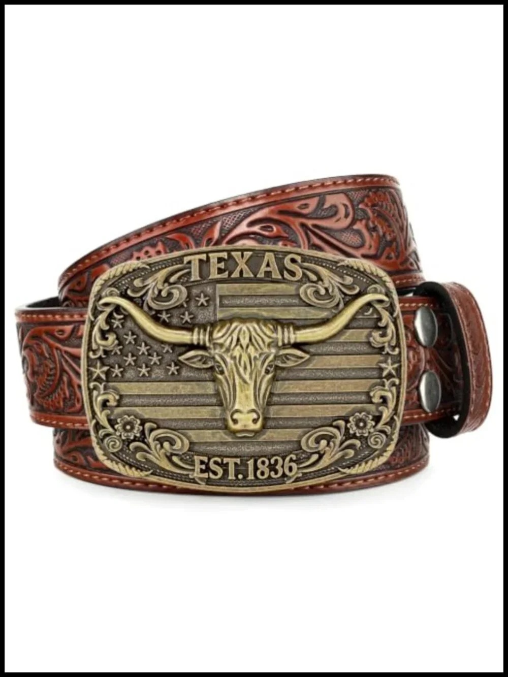Genuine Leather Cowboy Belt Mens Western Belt Embossed Removable Bull Buckle